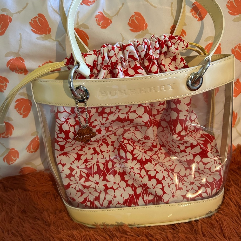 Burberry Cream and Red Tote Bag with Floral Design